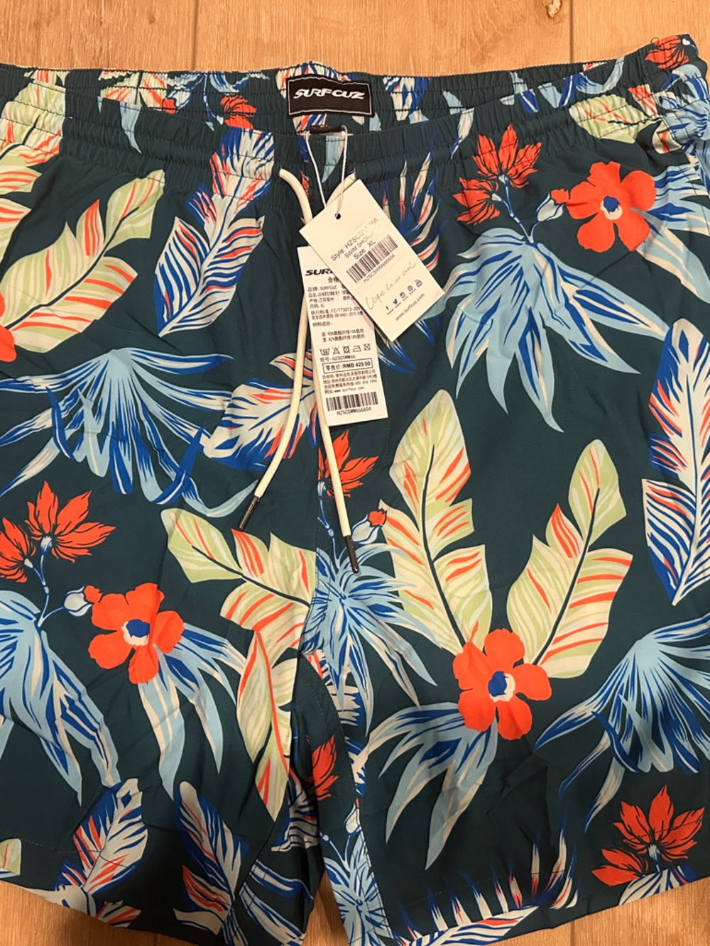 Tropical Floral Swim Shorts - Teal with Red & Blue Flowers